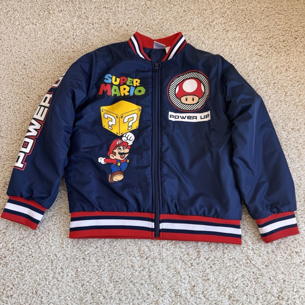Super Mario Bomber Jacket Kids Size 10/12 Blue Nintendo Mario Luigi Bowser